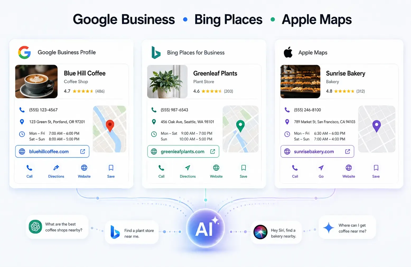 Google Business Profile, Bing Places un Apple Maps biznesa profili ar mājaslapas saiti baro AI meklētāju atbildes — ChatGPT, Copilot, Siri un Gemini