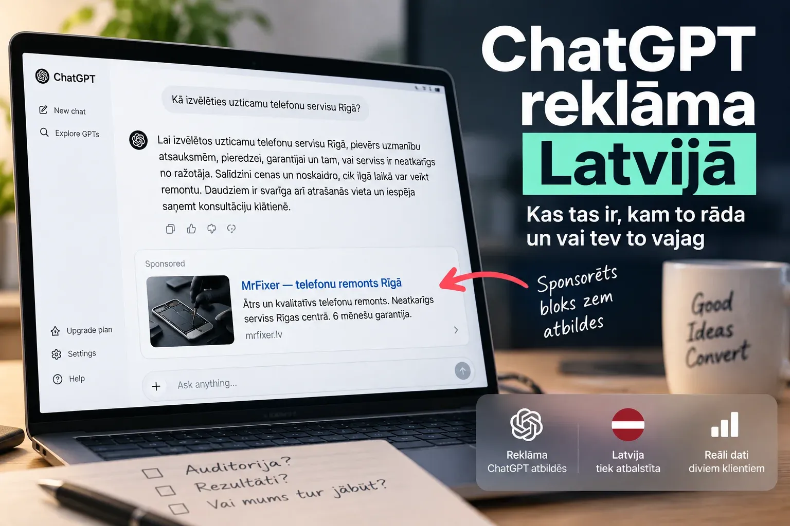 Ilustrācija: ChatGPT atbilde uz jautājumu par telefonu servisu Rīgā un zem tās atsevišķs bloks ar sponsorētu reklāmu
