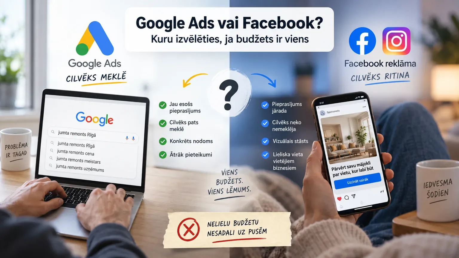 Google Ads vai Facebook reklāma — salīdzinājums: Google noķer cilvēku, kurš jau meklē, Facebook parāda piedāvājumu cilvēkam, kurš ritina