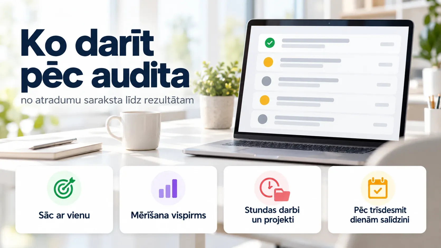 Klēpjdators ar atradumu sarakstu, kur rindas atzīmētas pēc prioritātes, un četras kartītes zem tā: sāc ar vienu, mērīšana vispirms, stundas darbi un projekti, pēc trīsdesmit dienām salīdzini