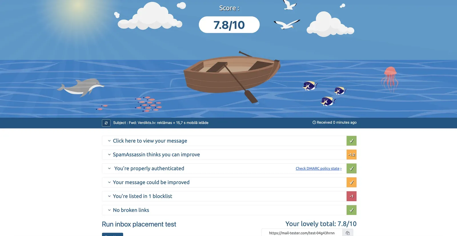 mail-tester rezultāts 7.8 no 10 vēstulei no Gmail — punkti noņemti par saturu un par Google servera atrašanos SpamCop melnajā sarakstā