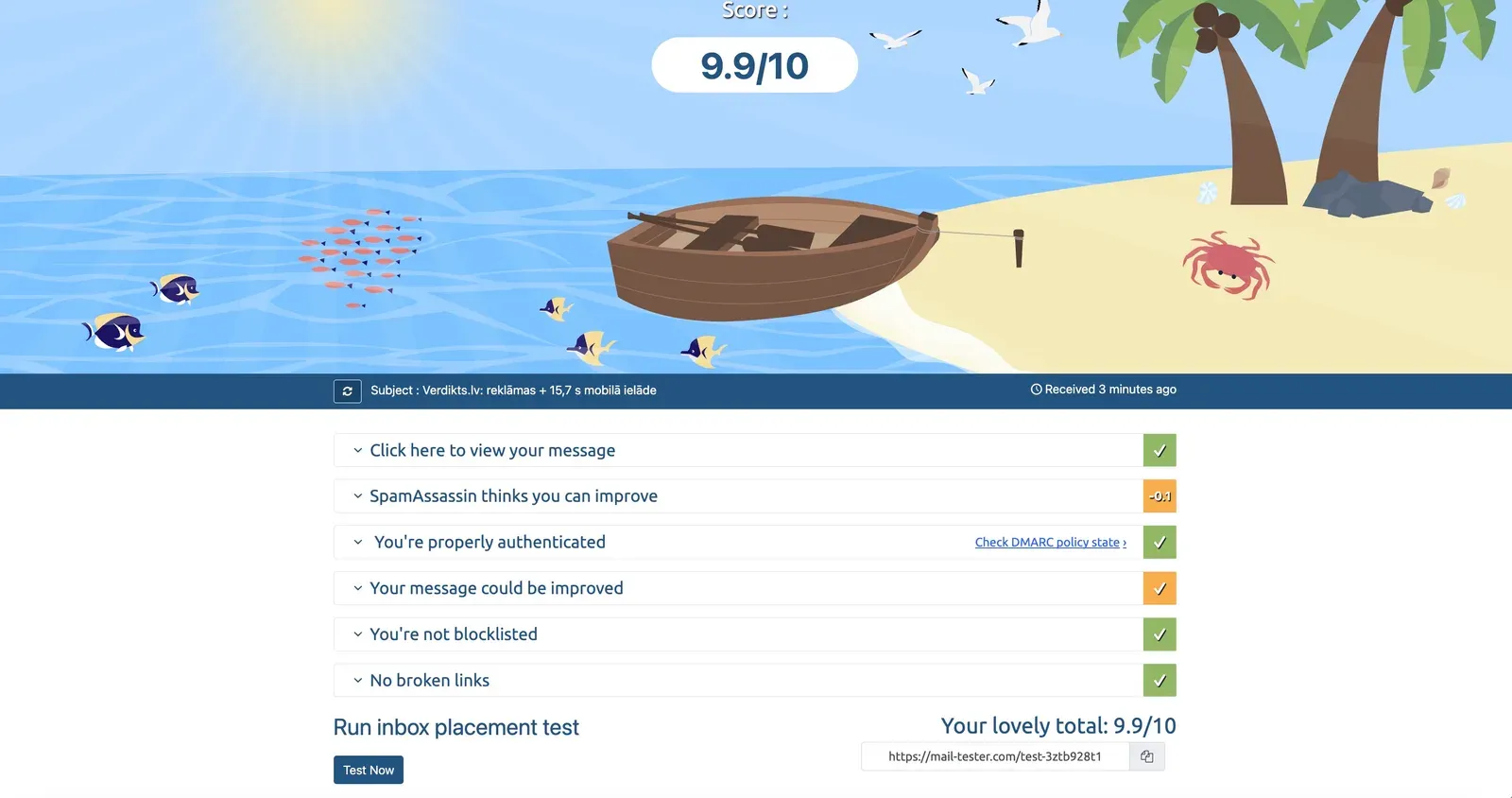 mail-tester.com rezultāts 9.9/10 — e-pasta piegādājamības pārbaude no sava domēna