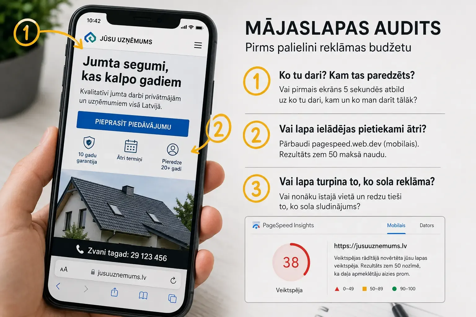 Mājaslapas audits telefonā — trīs pārbaudes pirms reklāmas budžeta palielināšanas: vai pirmais ekrāns piecās sekundēs atbild, ko uzņēmums dara un ko darīt tālāk; vai lapa ielādējas pietiekami ātri (PageSpeed mobilais rezultāts 38, sarkanā zona); vai lapa turpina to, ko sola sludinājums