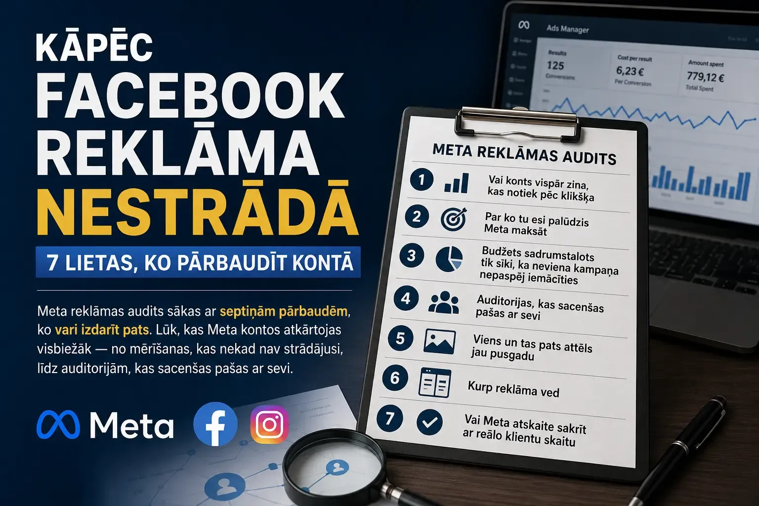 Meta reklāmas audita čeklists uz planšetes blakus Facebook reklāmu pārvaldības ekrānam — septiņas pārbaudes: mērīšana, kampaņas mērķis, budžeta sadrumstalotība, auditoriju pārklāšanās, kreatīva nolietojums, galalapa un atskaites atbilstība reālajam klientu skaitam