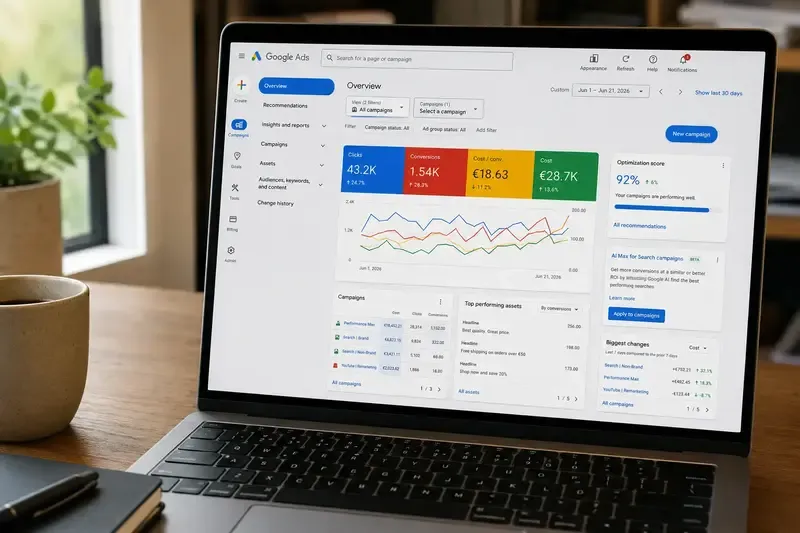 Klēpjdators uz galda ar atvērtu Google Ads pārskata paneli — klikšķi, konversijas, izmaksas un 'AI Max for Search campaigns' kartīte, kas piedāvā vairāk konversiju ar mākslīgo intelektu