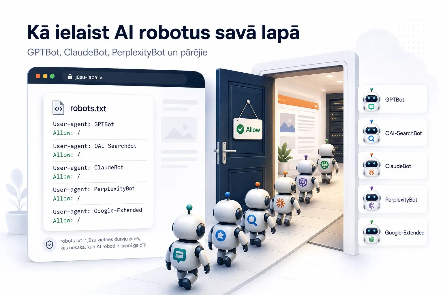 robots.txt kā mājaslapas durvju zīme — pieci AI roboti (GPTBot, OAI-SearchBot, ClaudeBot, PerplexityBot, Google-Extended) ieiet pa atvērtām durvīm ar uzrakstu Allow
