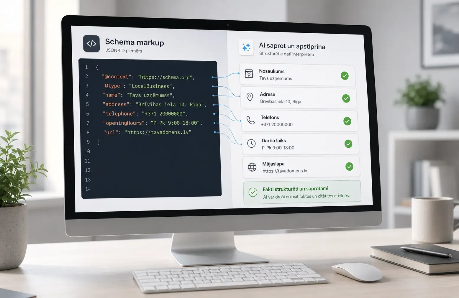 Uzņēmuma fakti sakārtoti schema markup formā, ko AI meklētāji var droši citēt