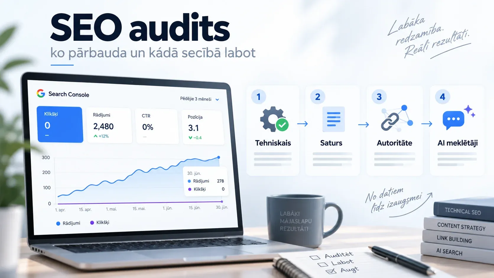 Ilustrācija: Search Console pārskats ar tūkstošiem parādījumu, augstu pozīciju un nulli klikšķu, blakus SEO audita četras puses — tehniskā, saturs, autoritāte, AI meklētāji