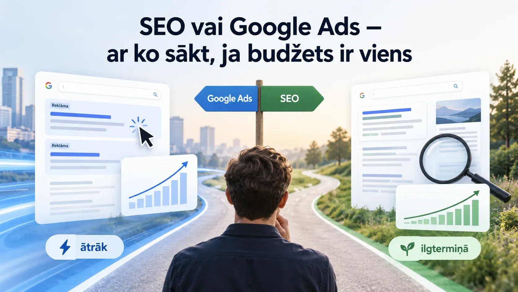 Cilvēks stāv pie ceļa sazarojuma ar norādi uz Google Ads un SEO: kreisajā pusē ātrāks ceļš ar reklāmām un klikšķiem, labajā ilgtermiņa ceļš ar organisko meklēšanas rezultātu izaugsmi