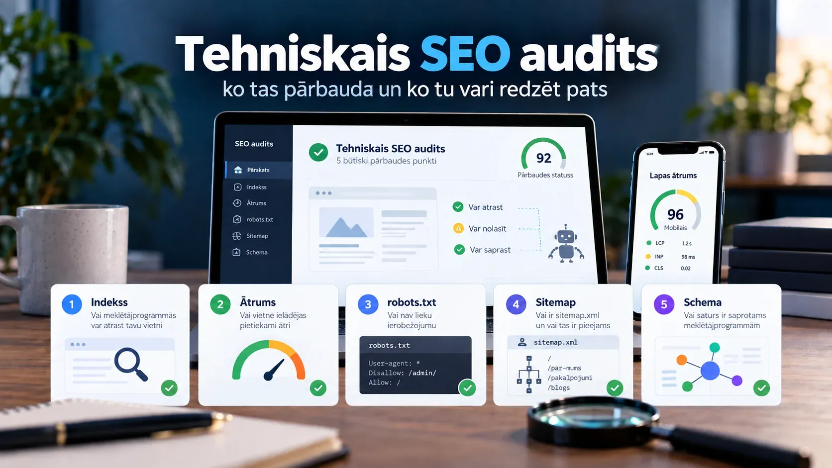 Ilustrācija: tehniskā SEO audita pārskats klēpjdatora un telefona ekrānā un pieci pārbaudes punkti — indekss, ātrums, robots.txt, sitemap un schema markup